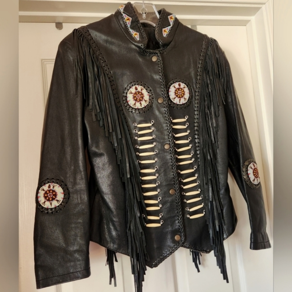3B WEST Tansmith Black Fringe Multi Beads Leather Western Native Coat Jacket 36 - Picture 2 of 16